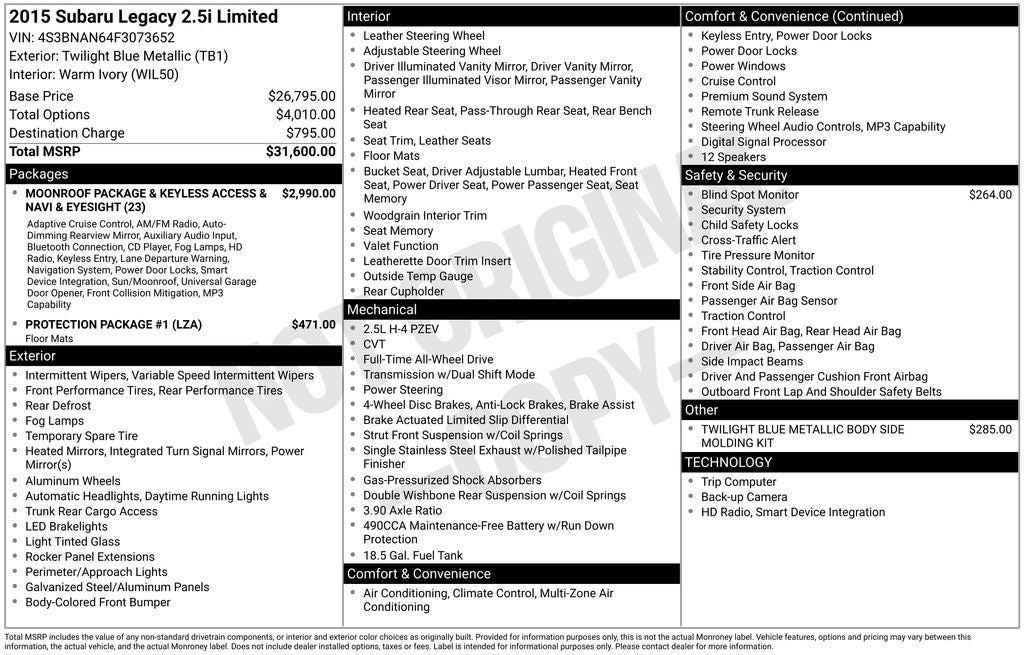 2015 Subaru Legacy 2.5i Limited